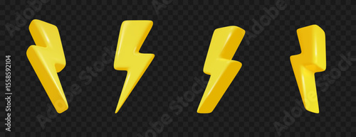 lightning bolts 3d. Thunder symbols in various shapes for energy, thunderstorm, electricity, discount, or danger icons. Isolated vector illustration. PNG