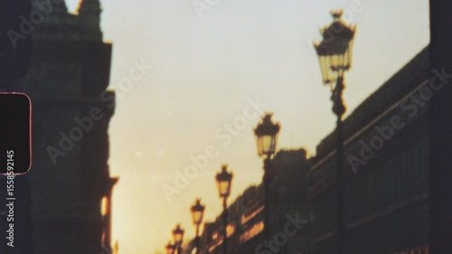 Parisian sunset over rivoli street in super 8 film style