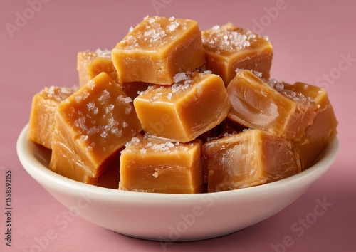 Deliciously Smooth Caramel Cubes Topped with Sea Salt in a White Bowl on a Soft Pink Background for Tempting Dessert Imagery
