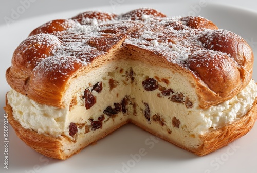 Deliciously Soft White Cream Cake with Dried Fruits and Powdered Sugar on Top for Festive Celebrations or Special Occasions on a White Plate