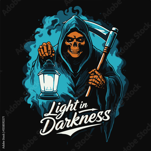 Vector art of the grim reaper holds a lantern in a smoky blue setting