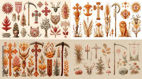 Autumn-themed and gothic elements including crosses, scythes, leaves, and animals in rustic watercolor, ideal for seasonal design, mystical decor, and folk art.

