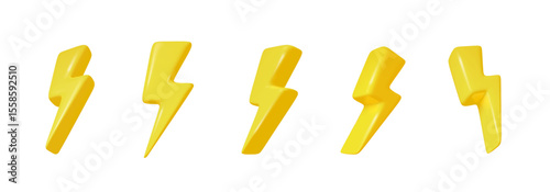 Lightning 3d icons on transparent background PNG. Electric thunderbolt symbols for speed, power, energy, discount, or warning concept. Vector illustration.