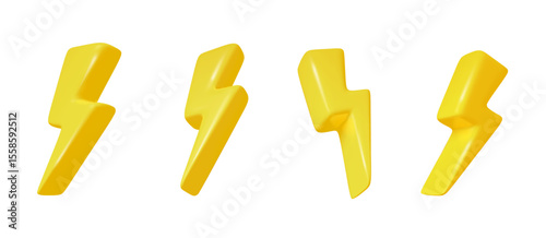 Lightning bolt vector set. 3D thunder icons for electric flash, power, fast delivery or sale concept. PNG. Thunderstorm energy design elements on transparent background.
