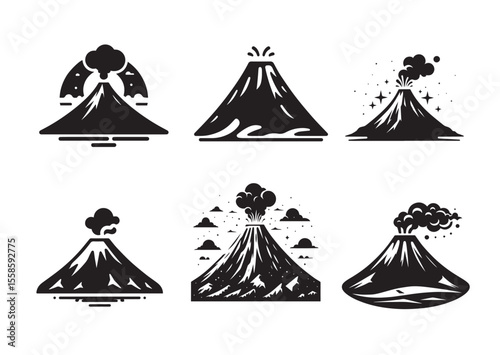 Volcano Silhouette Vector, Volcano Icon Set