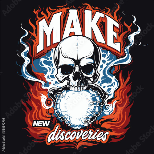 Vector art of a skull cradles a bright sphere within fiery orange and blue flames
