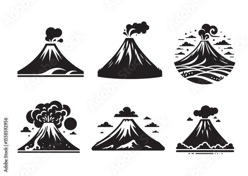 Volcano Silhouette Vector, Volcano Icon Set
