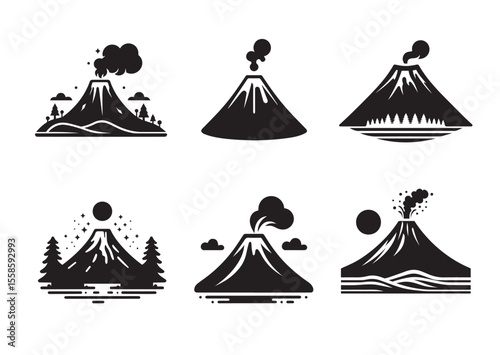 Volcano Silhouette Vector, Volcano Icon Set