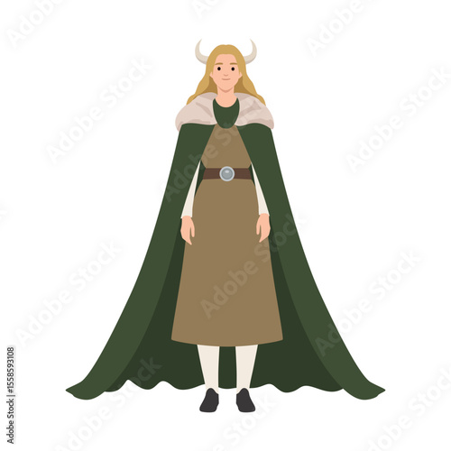 Viking Woman in Traditional Norse Attire. Flat vector illustration isolated on white background