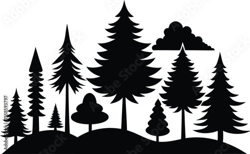 Doodle forest conifer abstract silhouettes outlined trees in black color vector