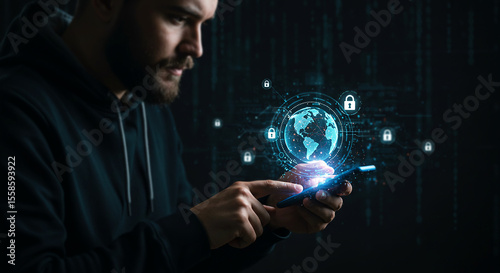 Digital Guardian: A man focuses intently on a smartphone, surrounded by a holographic display of global data, security locks, and a visual representation of the world.