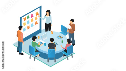 Isometric view of a business meeting with team members around a table and a presentation board in view