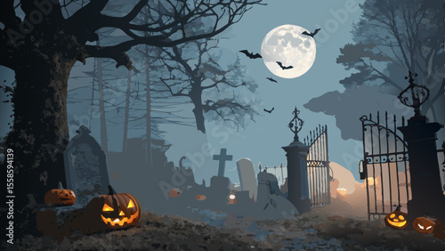 Spooky halloween graveyard scene with glowing pumpkins and bats under a full moon