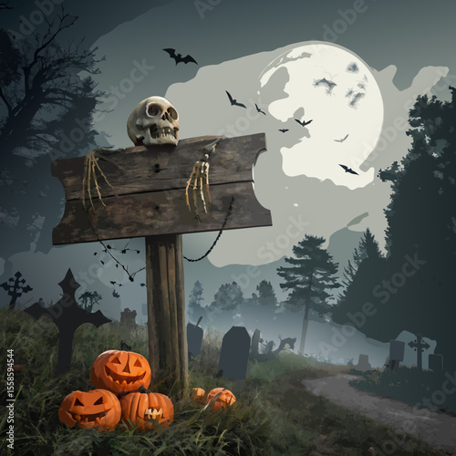 Spooky halloween graveyard scene with a skull on a wooden sign and pumpkins