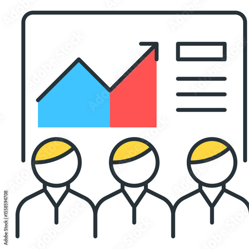 Three people watching a presentation with a rising graph and text on a screen behind