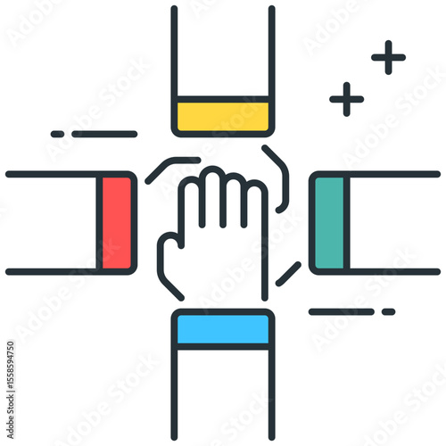 Illustration of hands joining together in a circle, symbolizing collaboration and unity