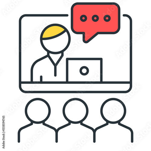 Illustration of an online conference with a speaker and audience members present below