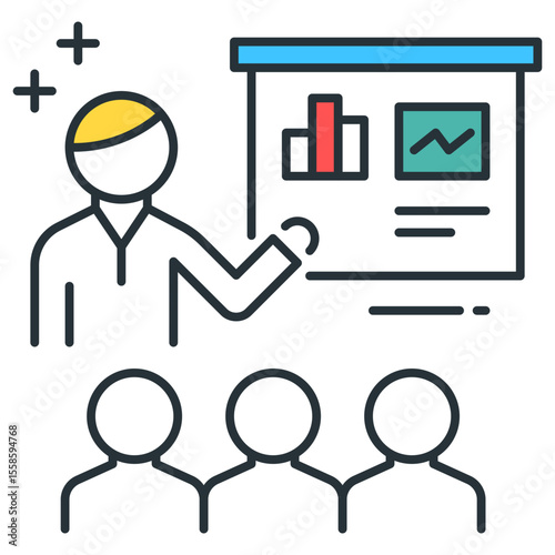 Illustration of a presenter with a chart in front of an audience in a meeting room