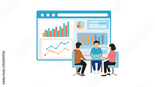 Team meeting analyzing data charts and graphs displayed on a large screen in a collaborative setting