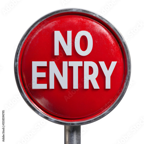 Red circular no entry sign with white text isolated on transparent background