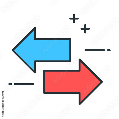 Illustration of a blue arrow pointing left and a red arrow pointing right with symbols