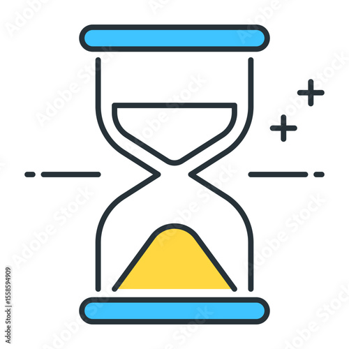 Illustration of an hourglass with blue borders and yellow sand and plus and minus signs