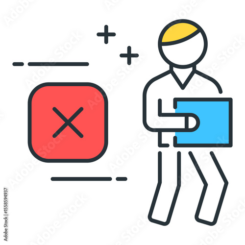 Illustration of a person holding a blue box next to a red x with plus signs above it