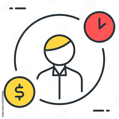 Icon depicting a person with money and a clock revolving around them in a circle