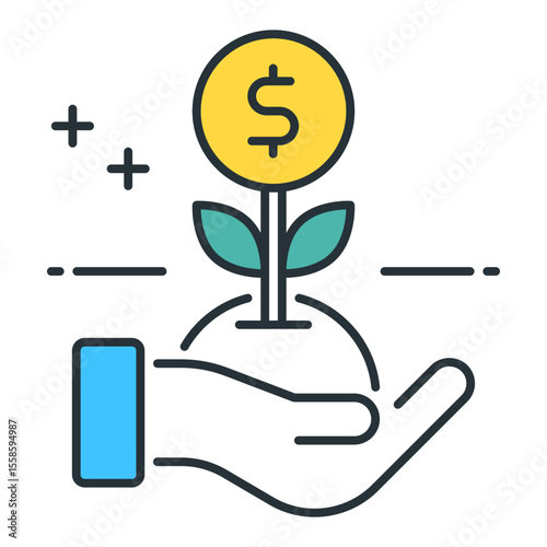 Hand holding a plant with a dollar coin as the flower with plus and minus signs around