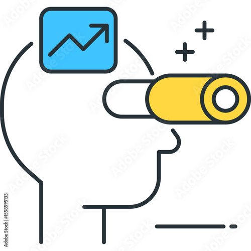 Stylized head profile with vr headset and rising graph in blue square concept art