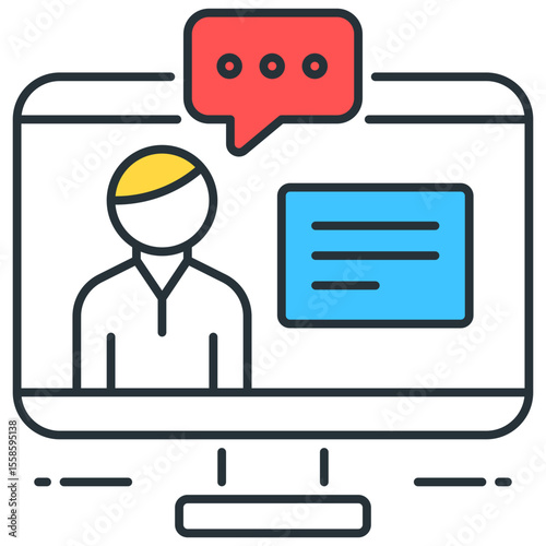 Illustration of a person on a computer screen with a speech bubble and text box