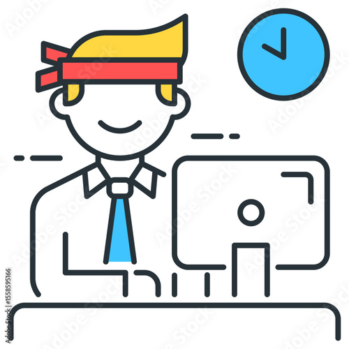 Illustration of a man with a headband working at a computer with a clock on the wall