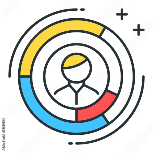 Person icon centered in a colorful segmented circle with plus signs in the corner