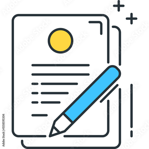 Illustration of a blue pen writing on a document with a yellow circle on top page.