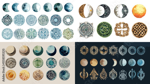 Mystical moon phases and spiritual mandala symbols in watercolor style, ideal for celestial art, astrology designs, and metaphysical decorative elements.


