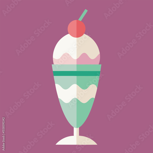 Pink strawberry ice cream dessert in a glass cup with cherry