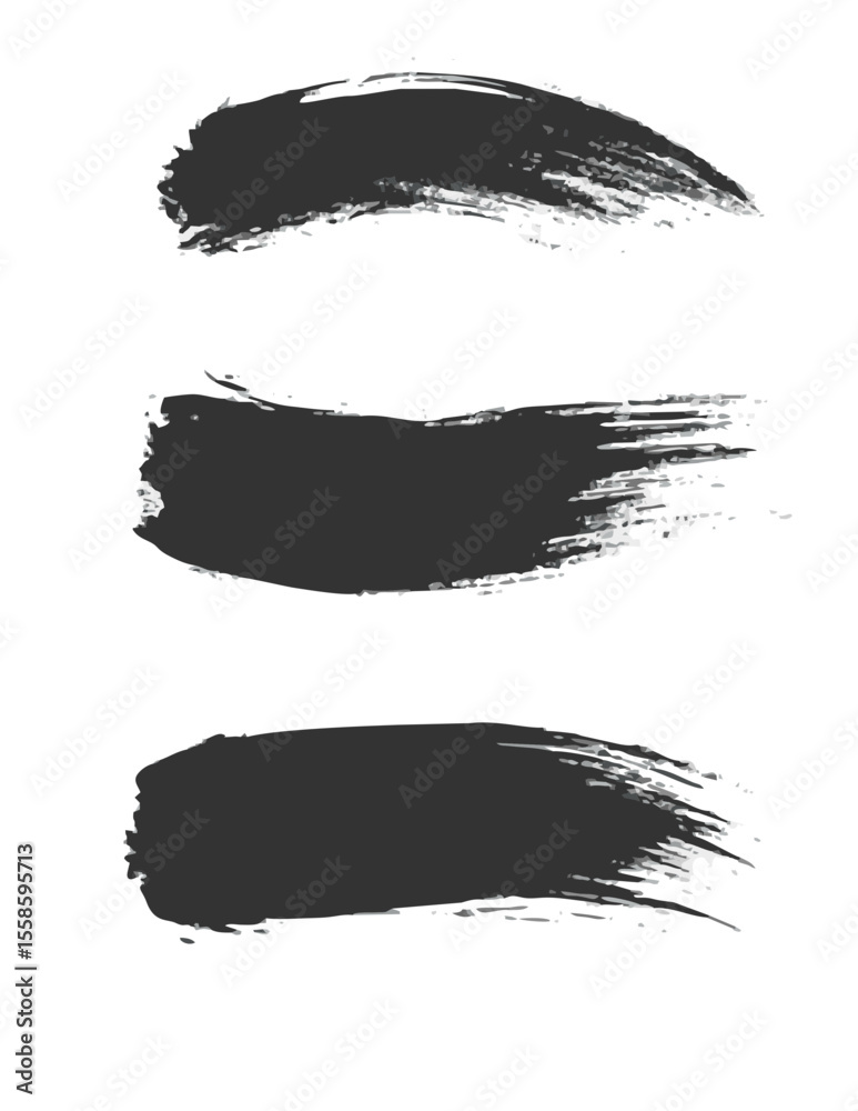 Black brush strokes set in different shapes. Smooth lines, rough textures, uneven edges, bold smears, abstract smudges. Features dynamic irregular forms with textured surfaces and sharp messy details
