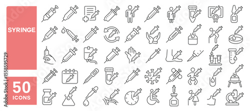 Set of 50 line icons related to syringe, vaccination, needle, injection, vaccine, inject, Editable stroke. Vector illustration