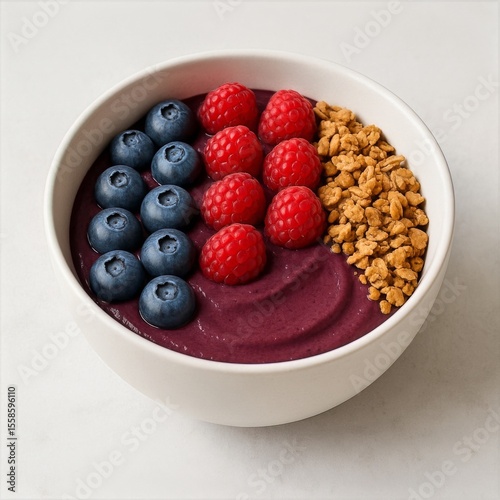 Healthy Acai Bowl with Berries and Granola on White Background