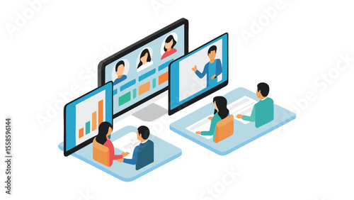 Isometric illustration of people attending a virtual meeting with charts and video conference screens