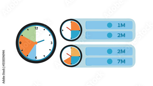 Illustration showing a clock with colored sections and time intervals with light blue backgrounds