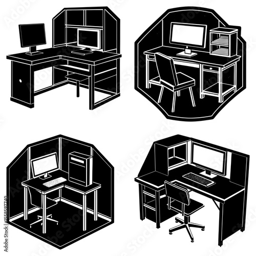 Four desk setups with computers and storage in different styles in black and white illustration