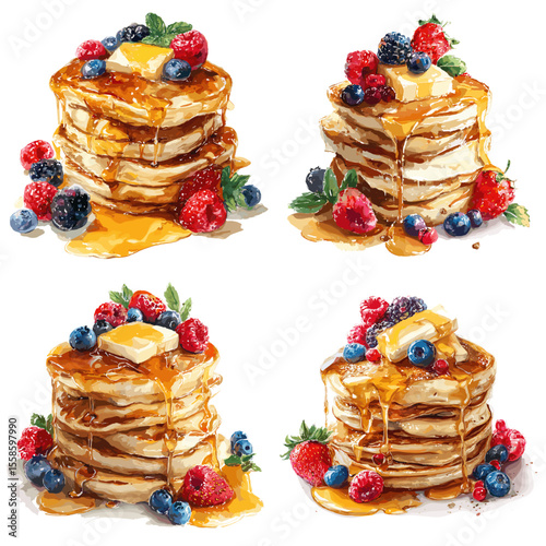 Stacked pancakes topped with syrup, butter, and fresh berries in watercolor style, ideal for breakfast menus, brunch designs, and sweet food illustrations.

