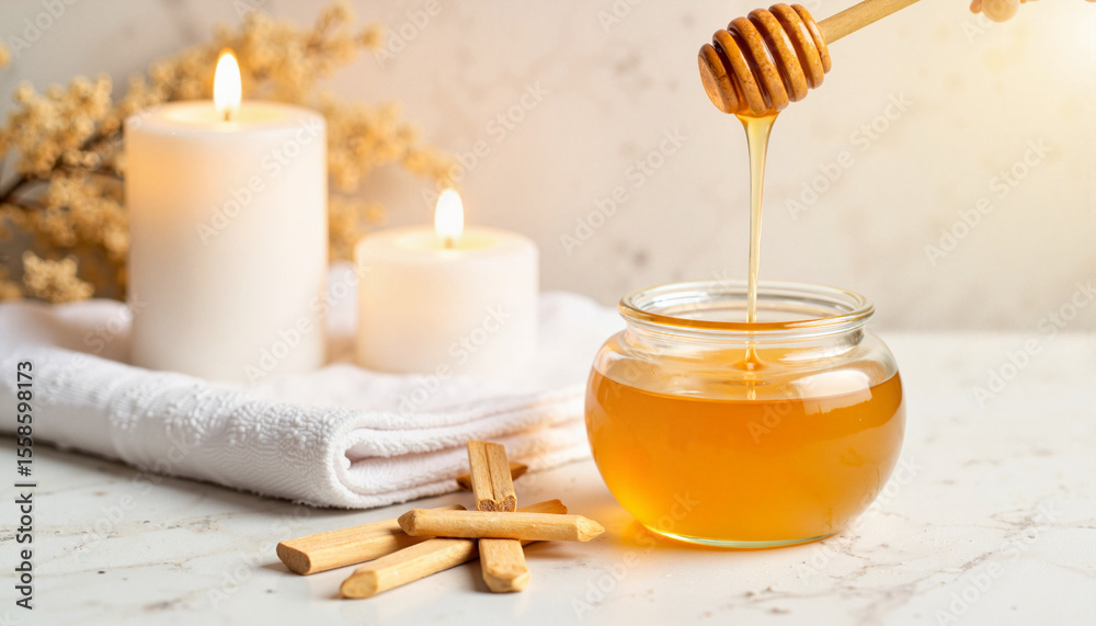 Candles and honey on a white towel with honey dripping from dipper Candles and honey on a white towel with honey dripping from dipper