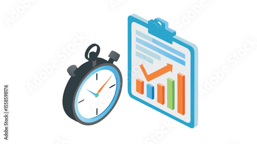 Isometric view of a stopwatch next to a clipboard with a bar graph and an upward trending arrow