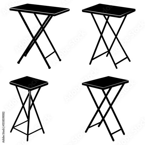 Four black folding tables with different heights and leg designs on a white background display the objects