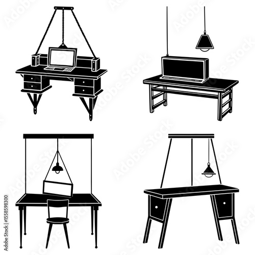 Four desk setups with computers and lamps in a black and white graphic arrangement of office furniture