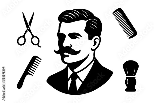 Silhouette of a man with a mustache surrounded by barber tools on a transparent background for hairstyling concept