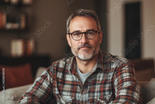 portrait man 55 years old in brown plaid T-shirt with eyeglasses at home background, men's health