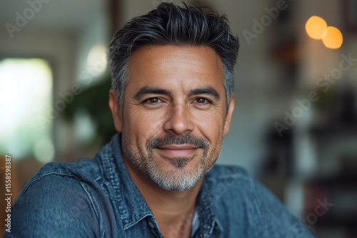 portrait of soft smiling Hispanic man 50 years old in blue T-shirt at home background, men's health, family man